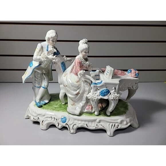 Antique Porcelain Victorian Couple Playing Piano Lace Detail Eradecant Finish - Picture 1 of 10